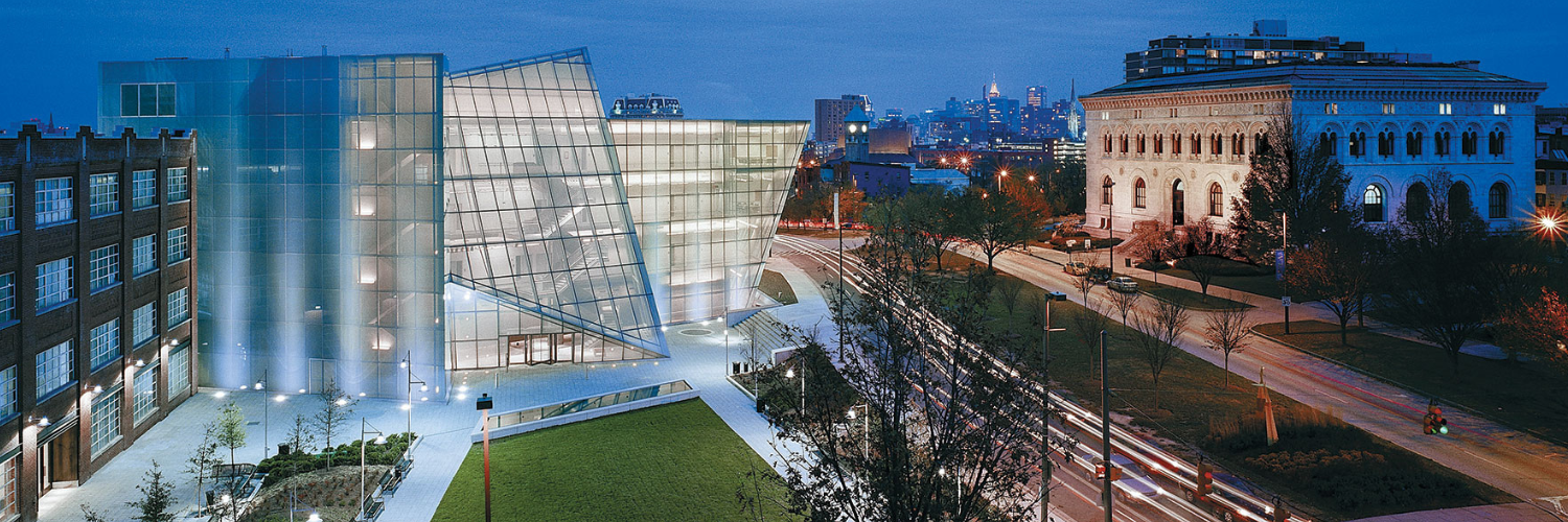 Aerial view of Maryland Institute College of Art campus at night