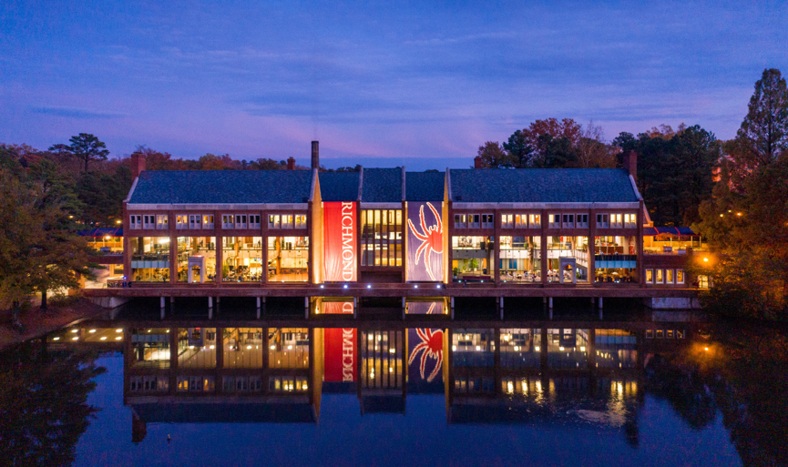 Night view of the Center for Student Involvement at the University of Richmond