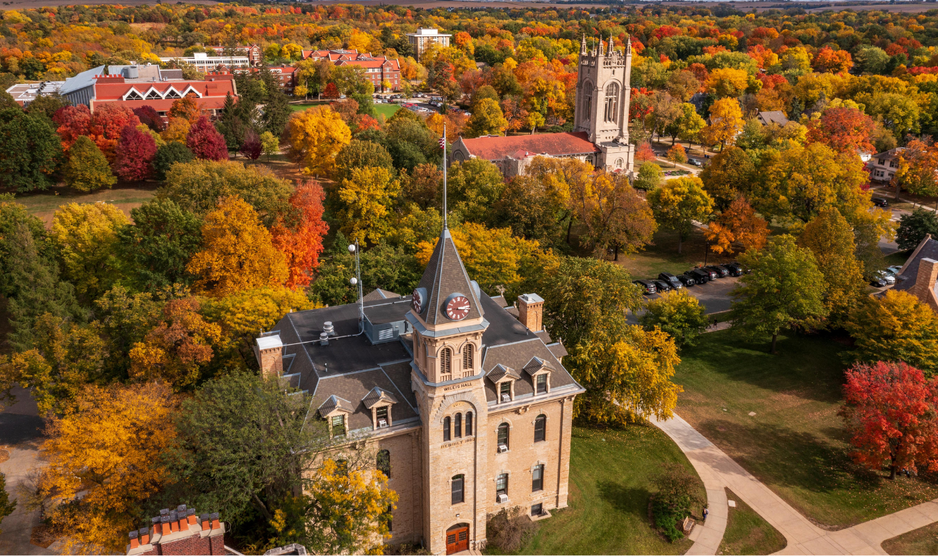 Aerial view of Carleton College campus with autumn colours